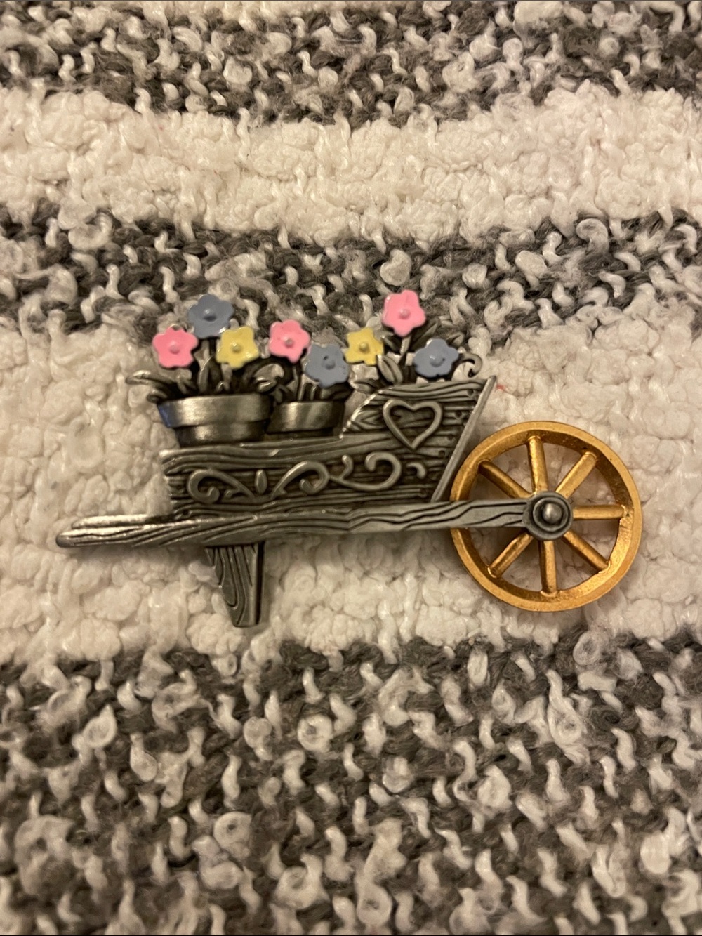 Flower Cart Wheelbarrow Pewter Brooch